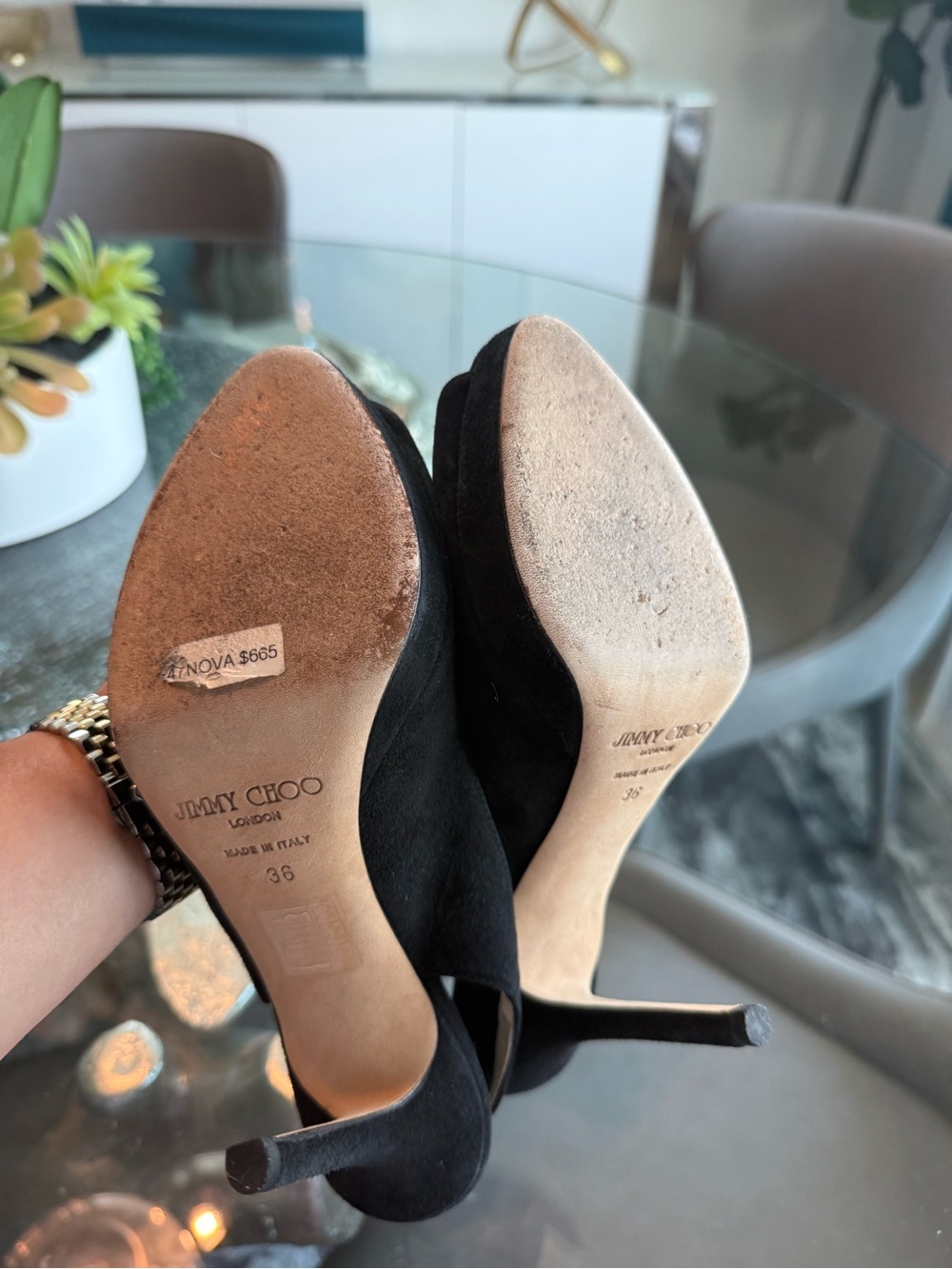 Jimmy Choo Black Suede Peep-Toe Slingback Heels - Picture 4 of 7